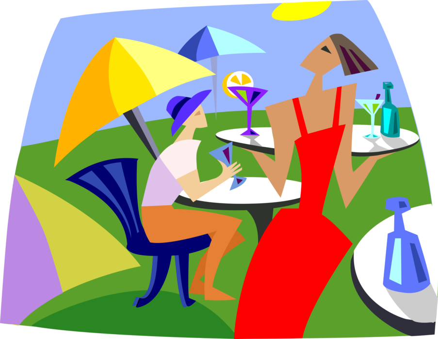 Vector Illustration of Summertime Outdoor Patio Bar with Waitress Serving Alcohol Beverage Cocktails