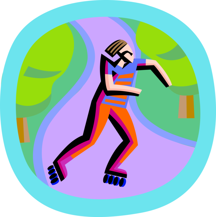 Vector Illustration of Rollerblader Rollerblading on Sidewalk Through City Park