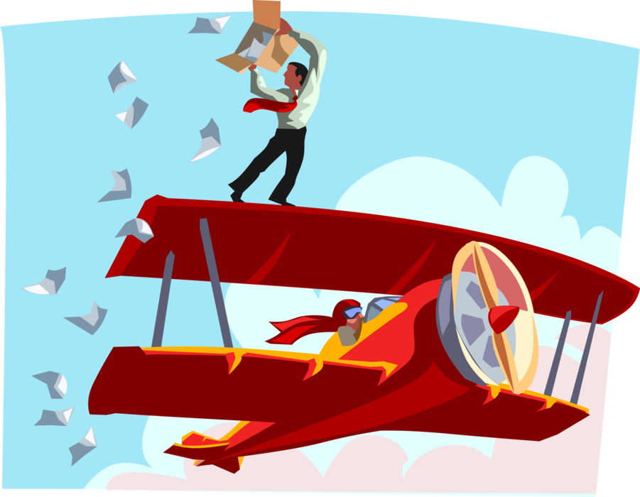 Vector Illustration of Businessman Throwing Information Leaflets from Biplane Airplane