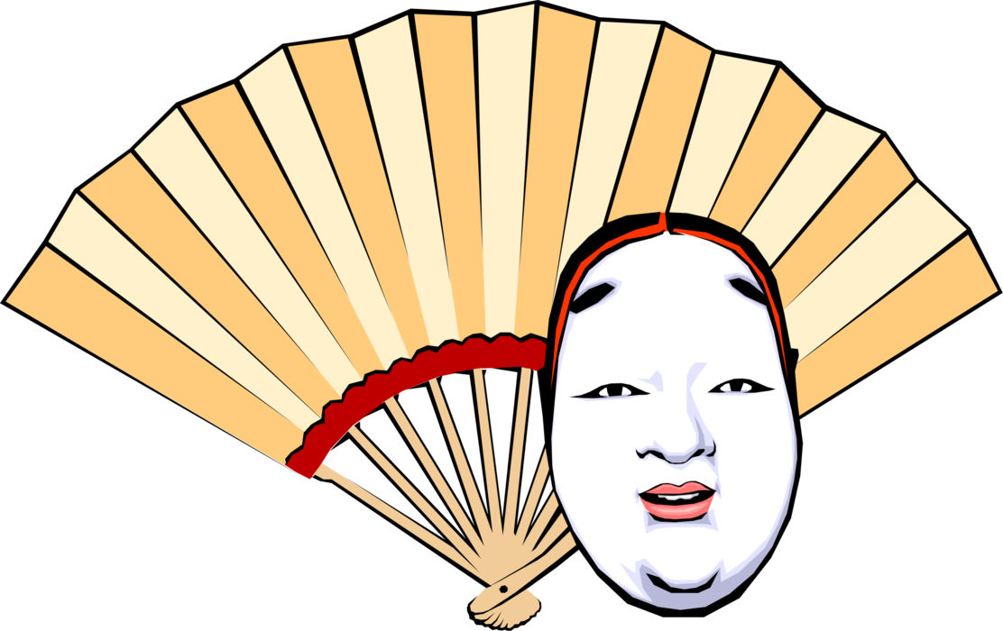 Vector Illustration of Japanese Noh Theatre or Theater Mask and Handheld Fan
