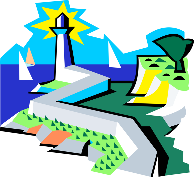 Vector Illustration of Lighthouse Beacon Navigational Aid and Seashore with Sailboats