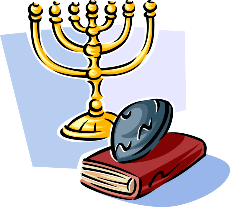Vector Illustration of Menorah Lampstand Seven-Branched Candle Candelabra with Yarmulke and Bible