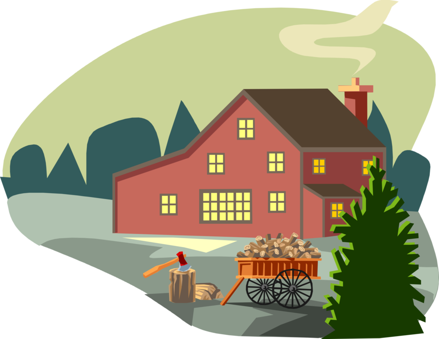Vector Illustration of Rural Scene with Farmhouse and Wood Cart