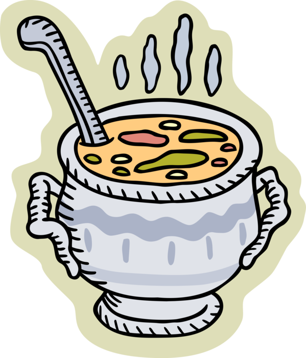 Vector Illustration of Pot of Hot Vegetable Soup with Ladle