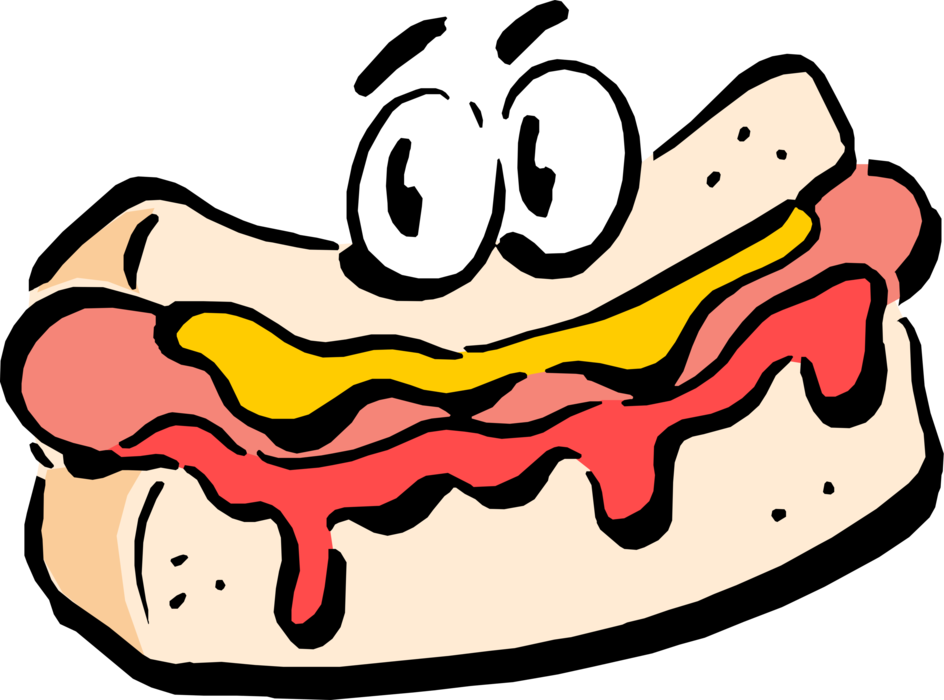 Vector Illustration of Anthropomorphic Cooked Hot Dog or Hotdog Sausage Street Food on Bun