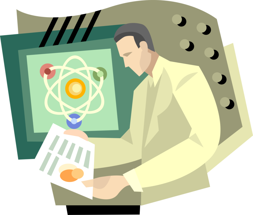 Vector Illustration of Atomic Energy Nuclear Physicist Studies Atomic Nuclei Constituents and Interactions