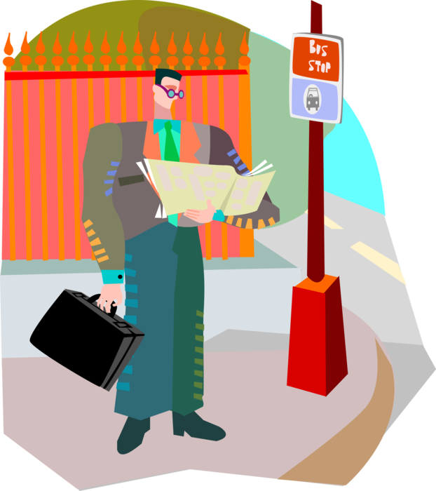 Vector Illustration of Businessman Reading Newspaper at Bus Stop Waiting for Transportation