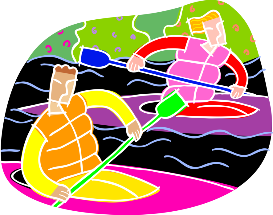 Vector Illustration of Kayakers Kayaking in River Using Paddles in Kayaks