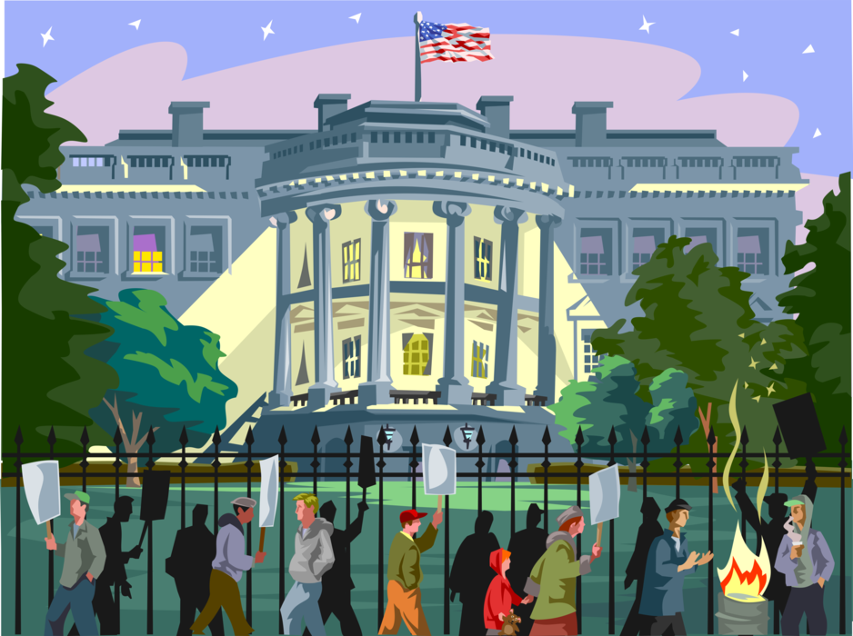 Vector Illustration of Protest Outside White House Official Residence of President of the United States Washington D.C.