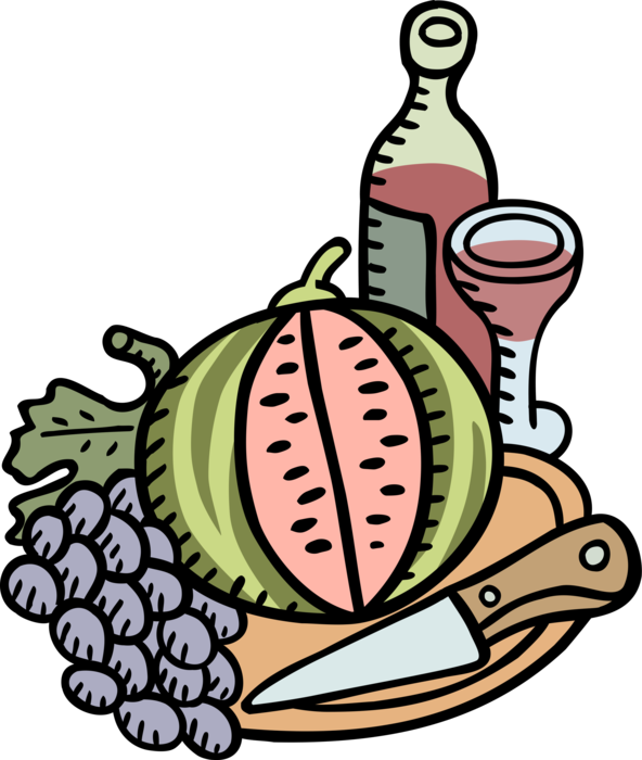 Vector Illustration of Red Wine with Grapes, Melon and Knife