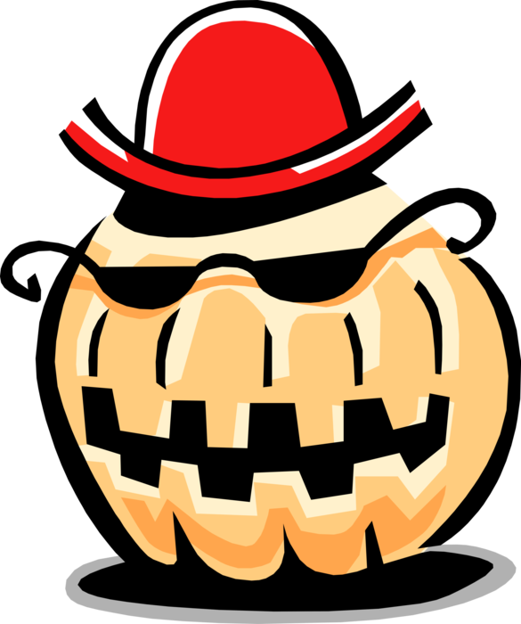 Vector Illustration of Carved Halloween Pumpkin Jack-o'-Lantern Face with Red Hat