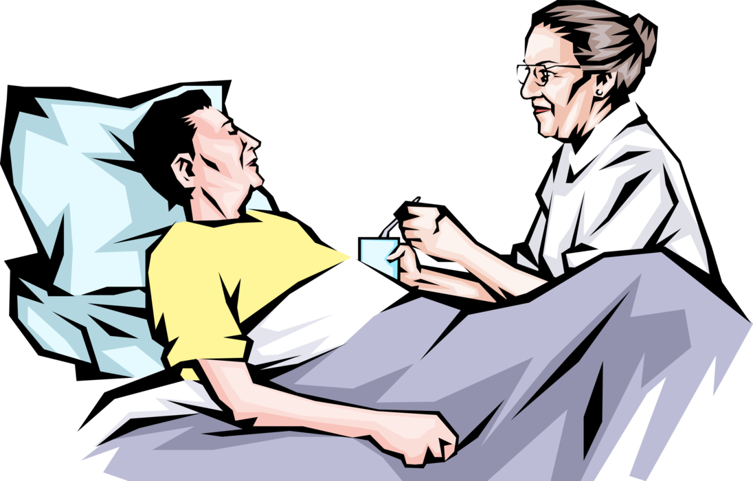 Vector Illustration of Hospital Health Care Nurse with Patient in Bed Provides Bedside Care