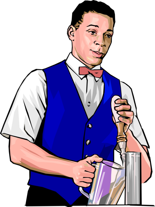 Vector Illustration of Barroom Bartender Pours Draft or Draught Beer into Pitcher in Bar