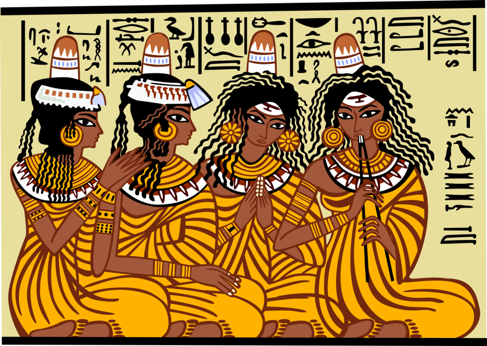 Vector Illustration of Tomb Painting Depicting Egyptian Women Seated on Floor