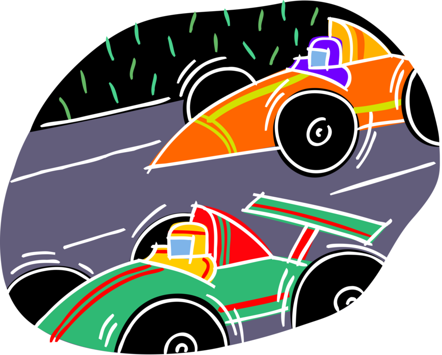 Vector Illustration of Motor Race Cars and Motorist Drivers Racing on Track