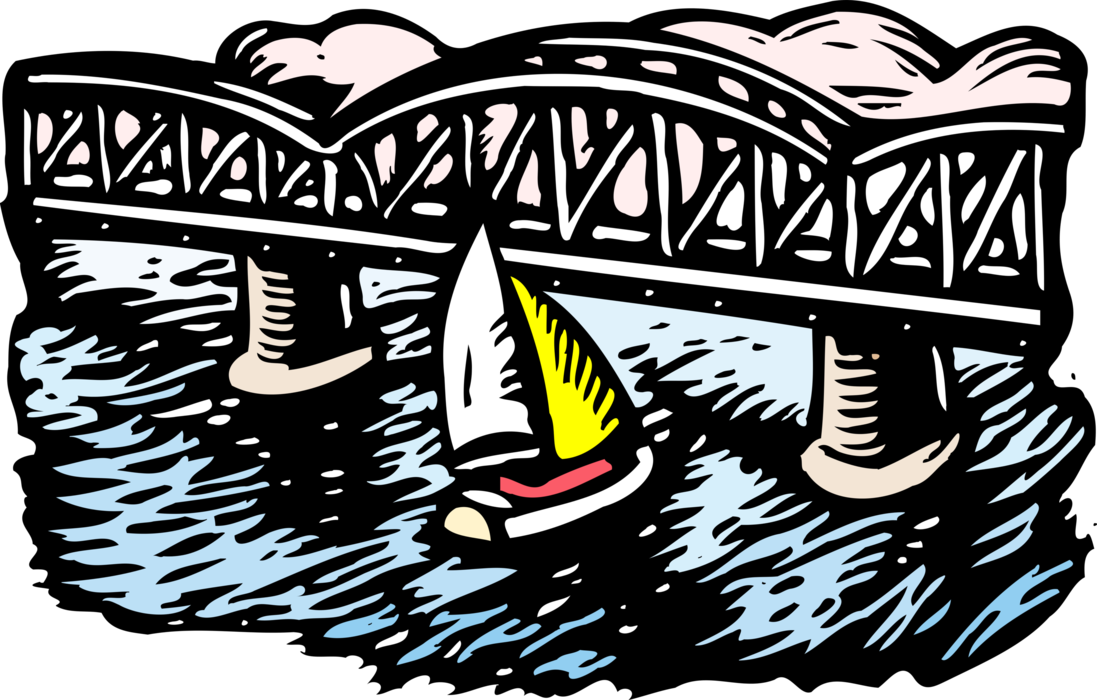 Vector Illustration of Sailboat with Suspension Bridge