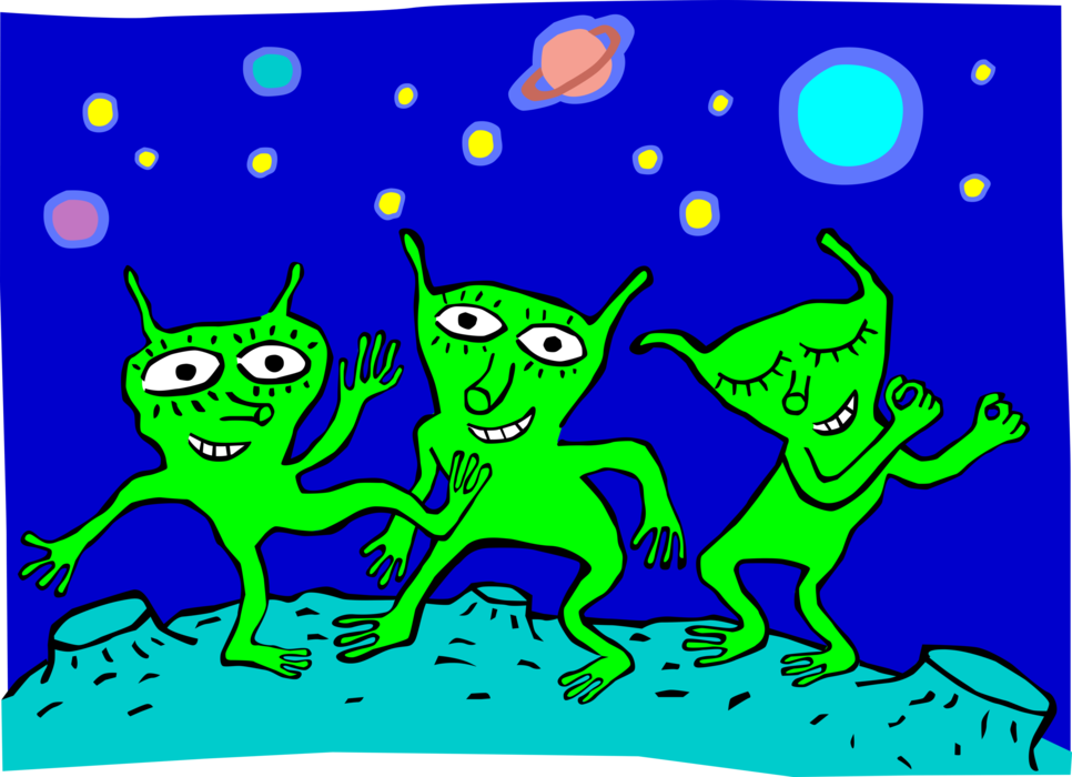 Vector Illustration of Dancing Aliens in Space on Alien Planet Surface 