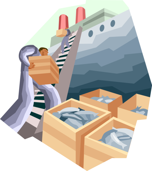 Vector Illustration of Commercial Fishing Industry Unloading Catch of Fresh Fish from Trawler Boat