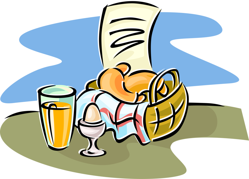 Vector Illustration of Breakfast Juice, Egg and Fresh Bakery Croissants
