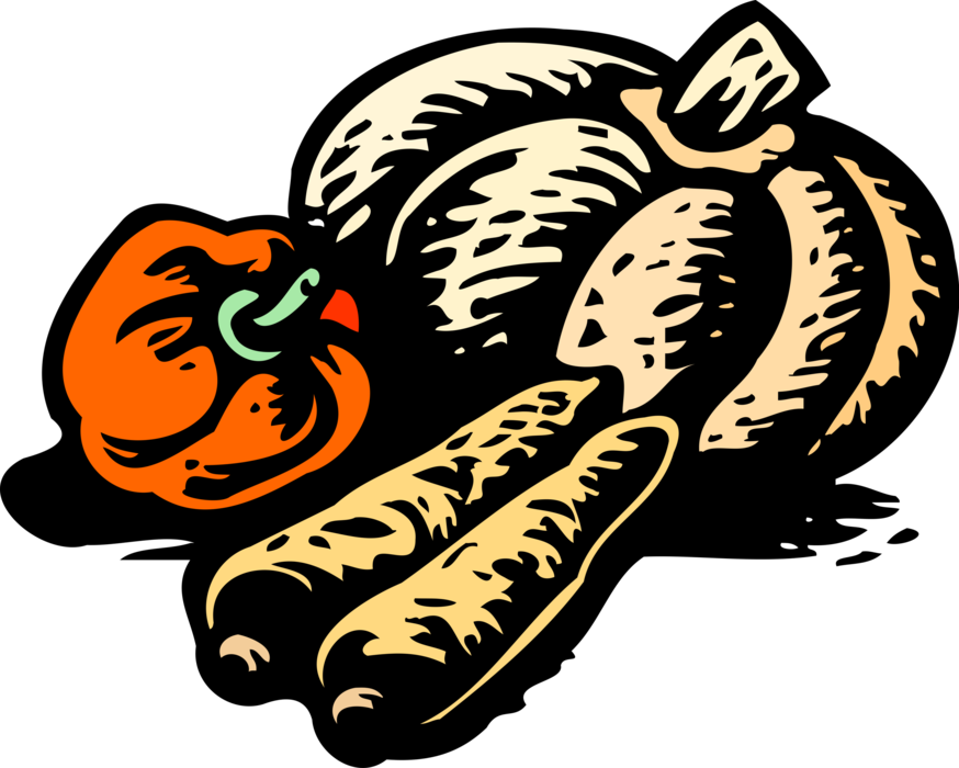 Vector Illustration of Pumpkin Squash with Turnip and Red Bell Pepper