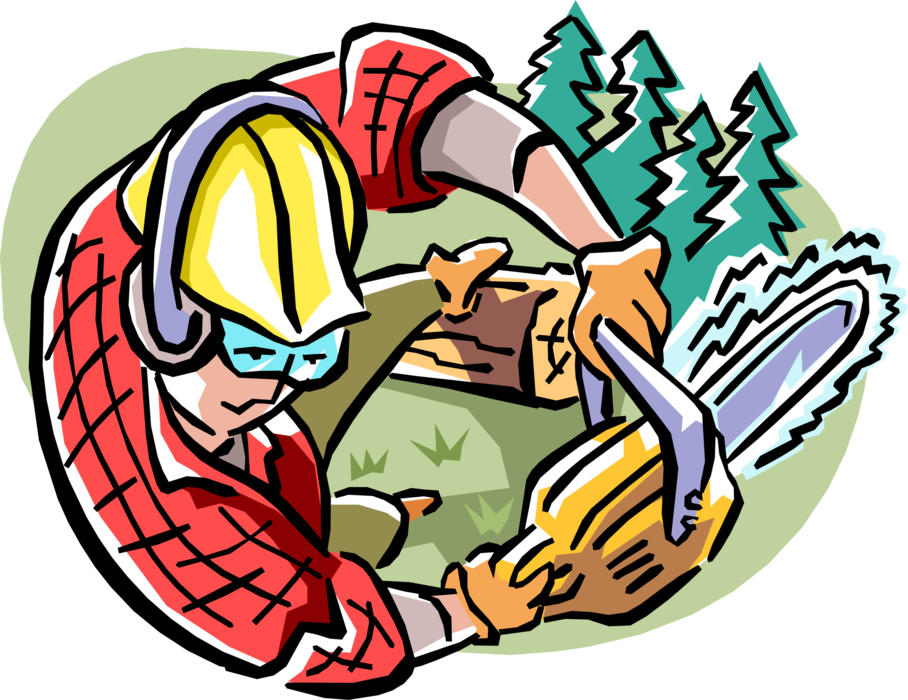 Vector Illustration of Forestry Industry Lumberjack in Forest with Chainsaw and Cut Tree Logs