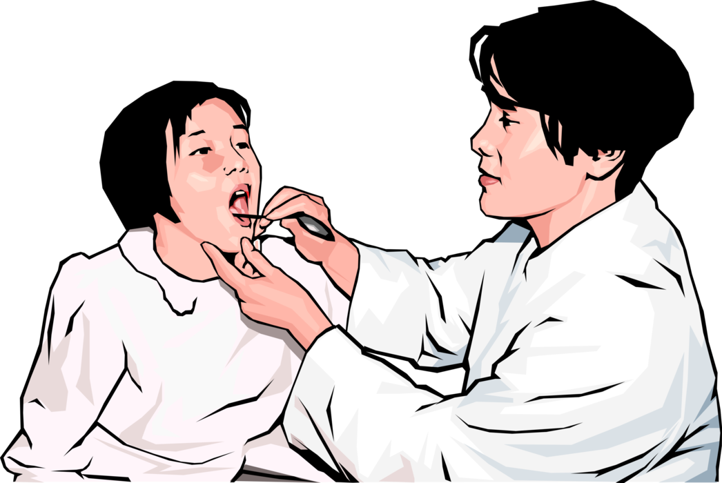 Vector Illustration of Health Care Professional Doctor Physician Examining Young Girl's Throat with Depressor