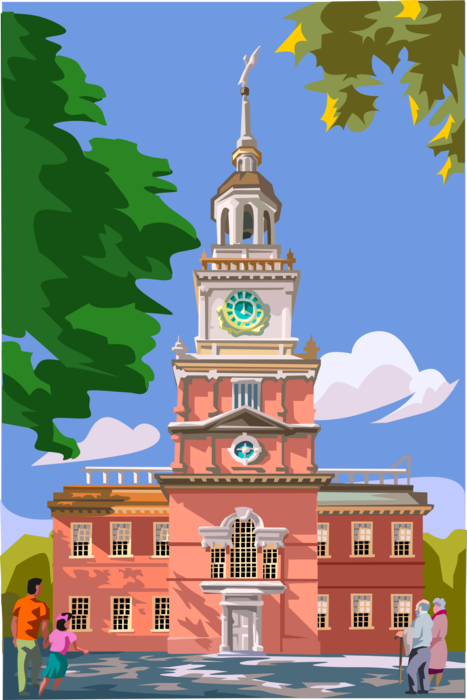 Vector Illustration of Independence Hall in Philadelphia where Declaration of Independence and Constitution Adopted