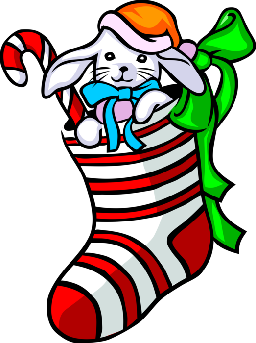 Vector Illustration of Festive Season Christmas Stocking with Candy Cane and White Bunny