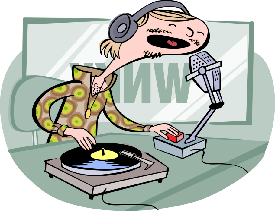 Vector Illustration of Radio Station Disc Jockey Spins Vinyl Record on Turntable with Microphone