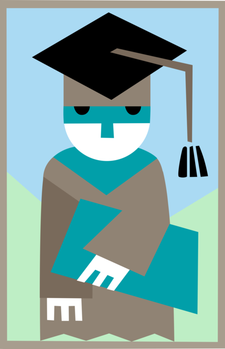 Vector Illustration of School Education Graduate in Mortarboard Cap and Gown with Diploma