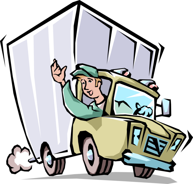 Vector Illustration of Handymen Moving Company Mover Waves While Driving Moving Van Truck
