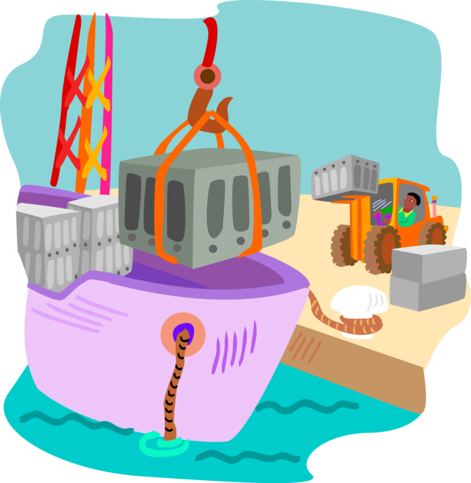 Vector Illustration of Cargo Ship Being Loaded with Forklift at Dockyard