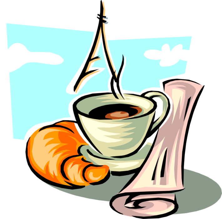 Vector Illustration of Morning Cup of Coffee, Viennoiserie-Pastry Croissant and Newspaper, Paris, France