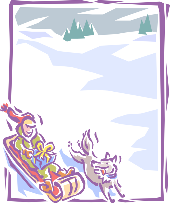 Vector Illustration of Boy and Dog Tobogganing Down Hill with Toboggan