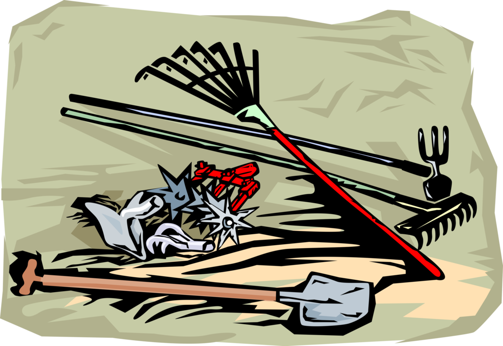Vector Illustration of Gardening Tools with Rakes and Shovel