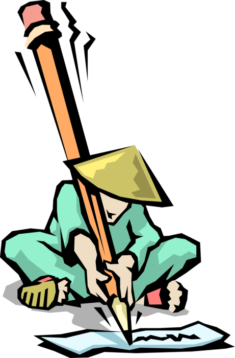 Vector Illustration of Chinese Restaurant Waiter Writes Customer Order with Pencil 
