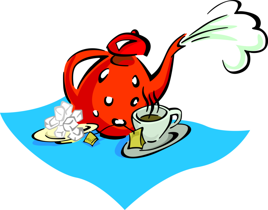 Vector Illustration of Steeping Teapot with Teacup, Saucer and Sugar Cubes