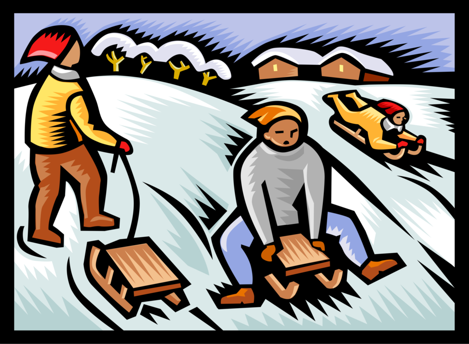 Vector Illustration of Children Tobogganing Down Snow Covered Hill on Sleds in Winter