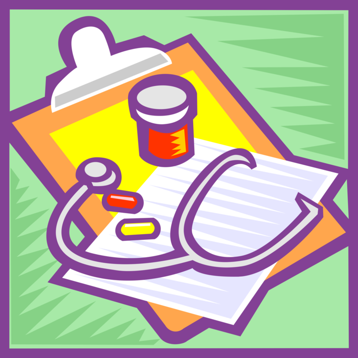 Vector Illustration of Medical Doctor's Clipboard Portable Writing Surface with Prescription Medicine and Stethoscope