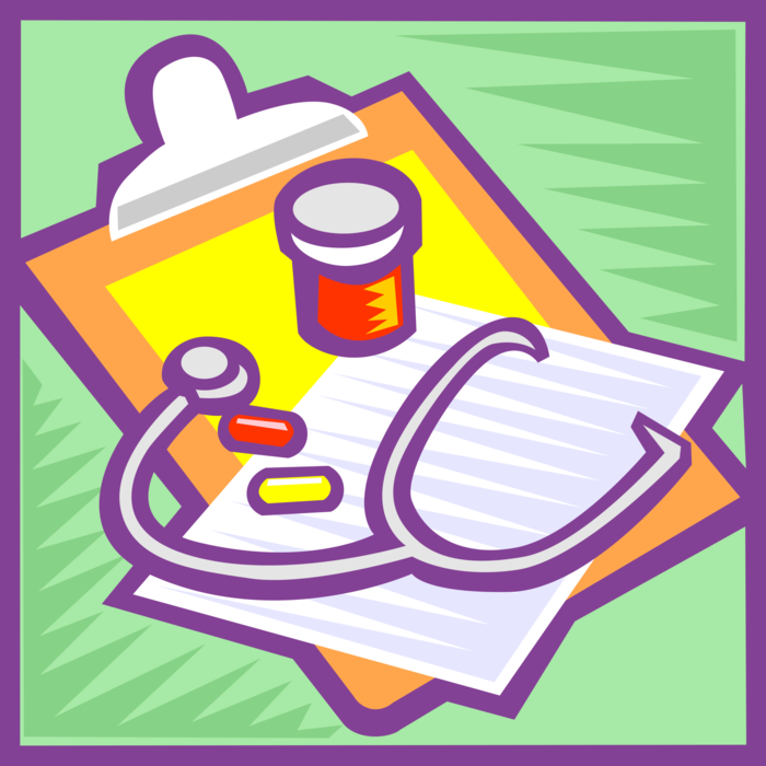 Vector Illustration of Medical Doctor's Clipboard Portable Writing Surface with Prescription Medicine and Stethoscope