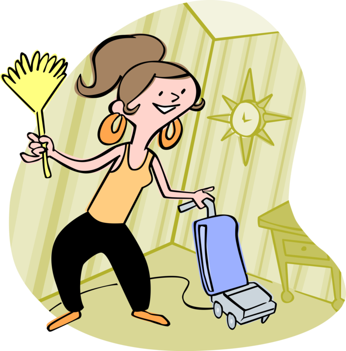 Vector Illustration of Domestic Service Cleaning Maid or Housemaid Vacuums Carpet