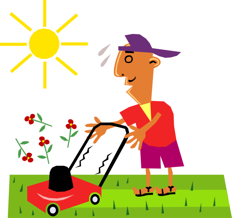 Vector Illustration of Lawn Care Specialist Mows the Lawn, and the Flower Garden in Summer Sun
