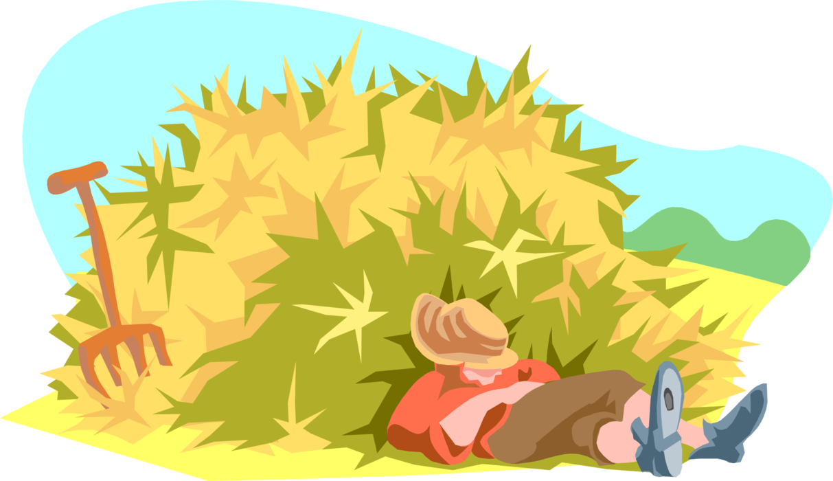 Vector Illustration of Farmer Falls Asleep on Stack of Freshly Harvested Hay