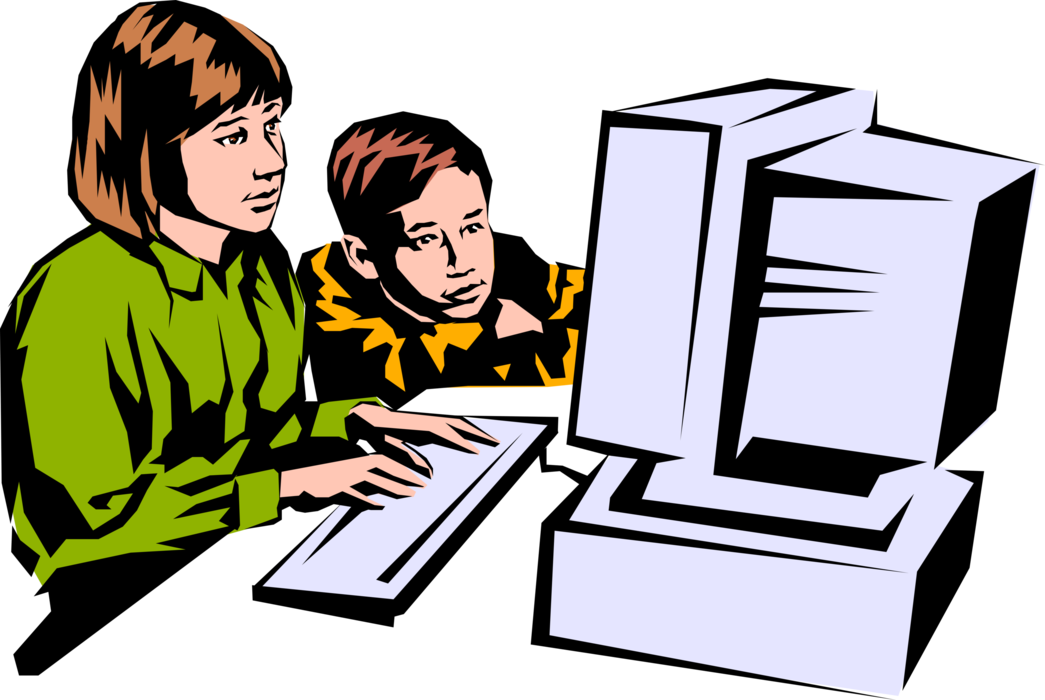 Vector Illustration of Students in School Classroom Working at Computer