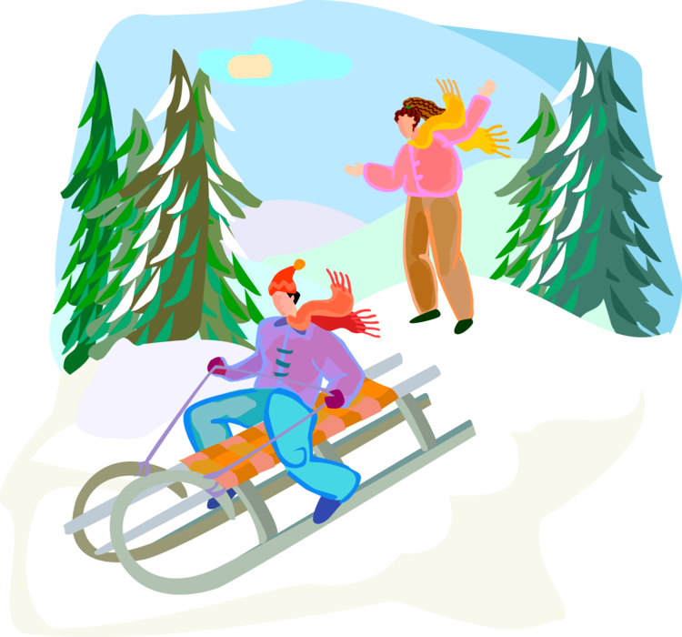 Vector Illustration of Friends Enjoy Winter Sleigh Ride in Fresh Snow on Hill 