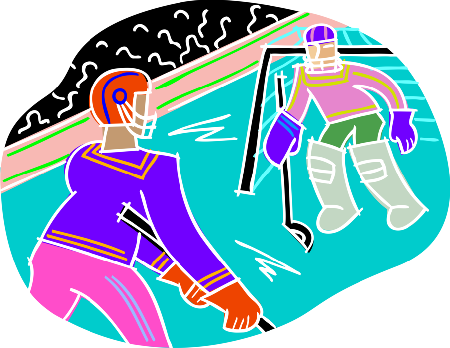 Vector Illustration of Sport of Ice Hockey Skater with Puck Shoots on Goalie in Net