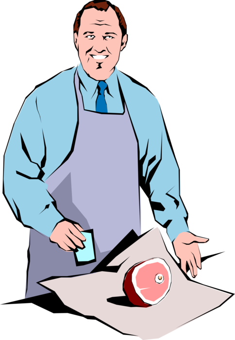 Vector Illustration of Butcher in Retail or Wholesale Meat Shop with Fresh Pork Leg of Ham for Customer