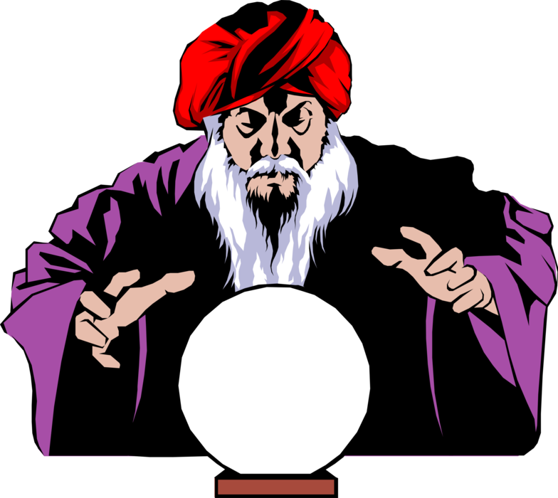 Vector Illustration of Magician Sorcerer Fortune Teller with Crystal Ball Orbuculum Glass