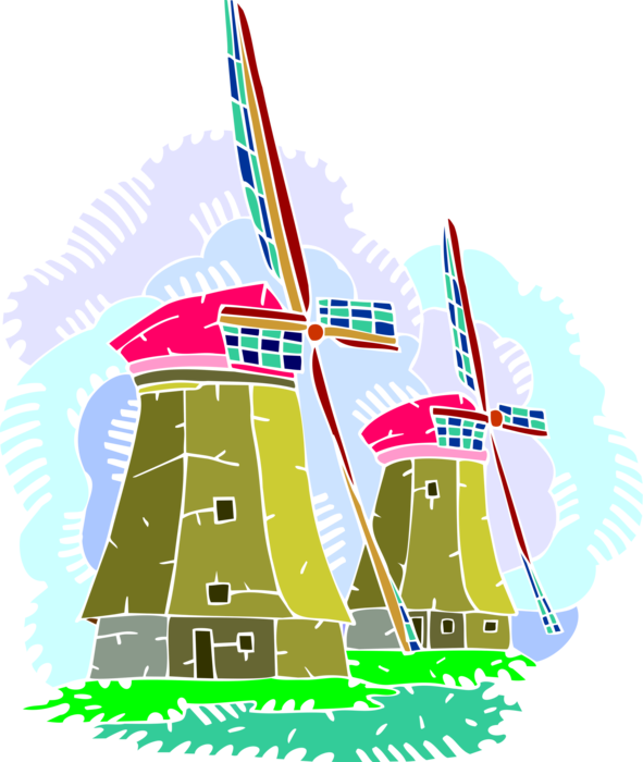 Vector Illustration of Dutch Windmill in The Netherlands, Holland used to Mill Grain, Pump Water