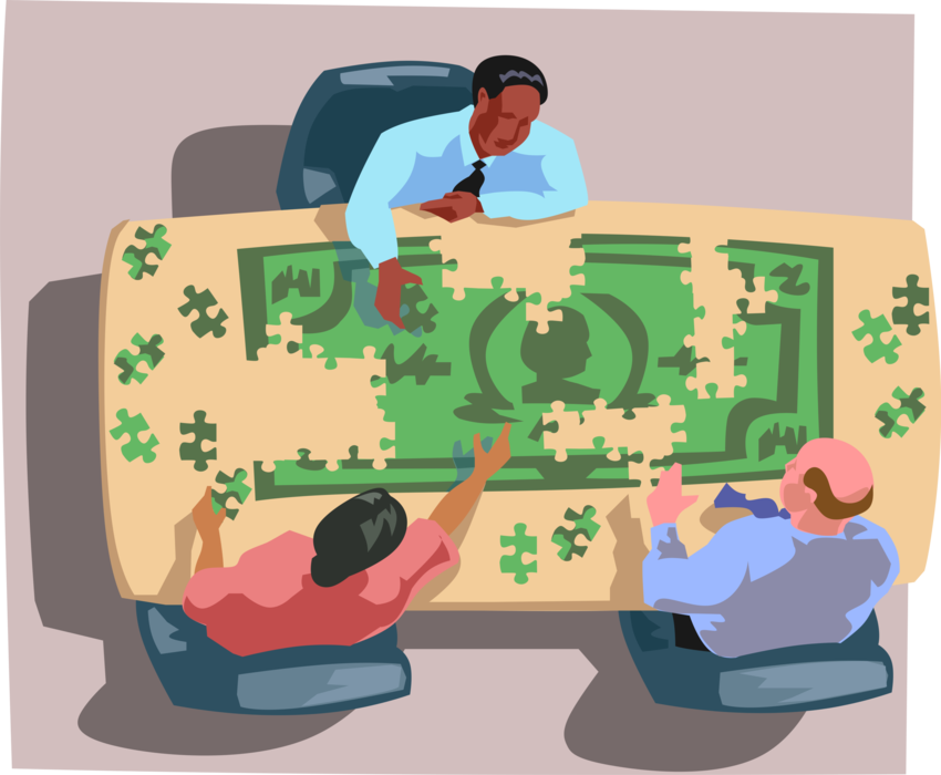 Vector Illustration of Office Workers Putting Together Financial Puzzle Dollar Bill